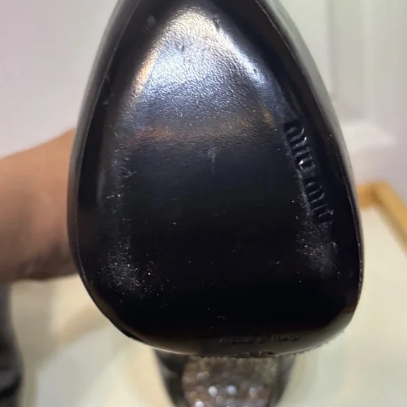 Miu Miu Black Leather Platform Ankle Boots with Glitter Block Heel - Picture 14 of 15